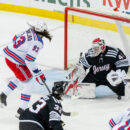 News Jersey Devils goalie, Vitek Vanecek makes a save against the New York Rangers.