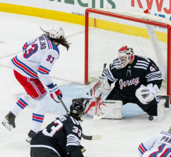 News Jersey Devils goalie, Vitek Vanecek makes a save against the New York Rangers.