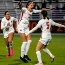 Princeton women's soccer celebrates a goal against Michigan