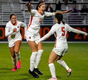 Princeton women's soccer celebrates a goal against Michigan